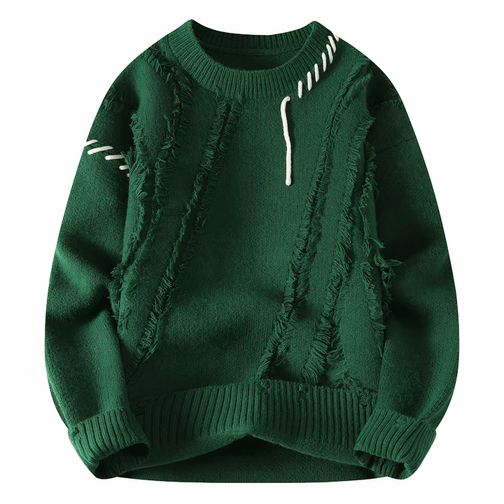 Nahaufnahme Herren Patchwork Pullover. Einzigartiges Design für Herrenmode, bequemer Langarm-Winterpullover.