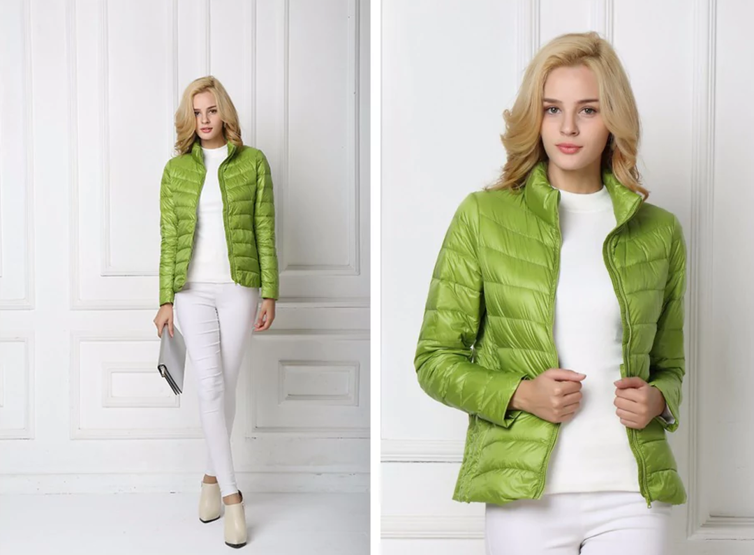 Weibliches Model trägt leichte, wasserfeste Herbstjacke für Damen. Stilvolle Übergangsjacke.