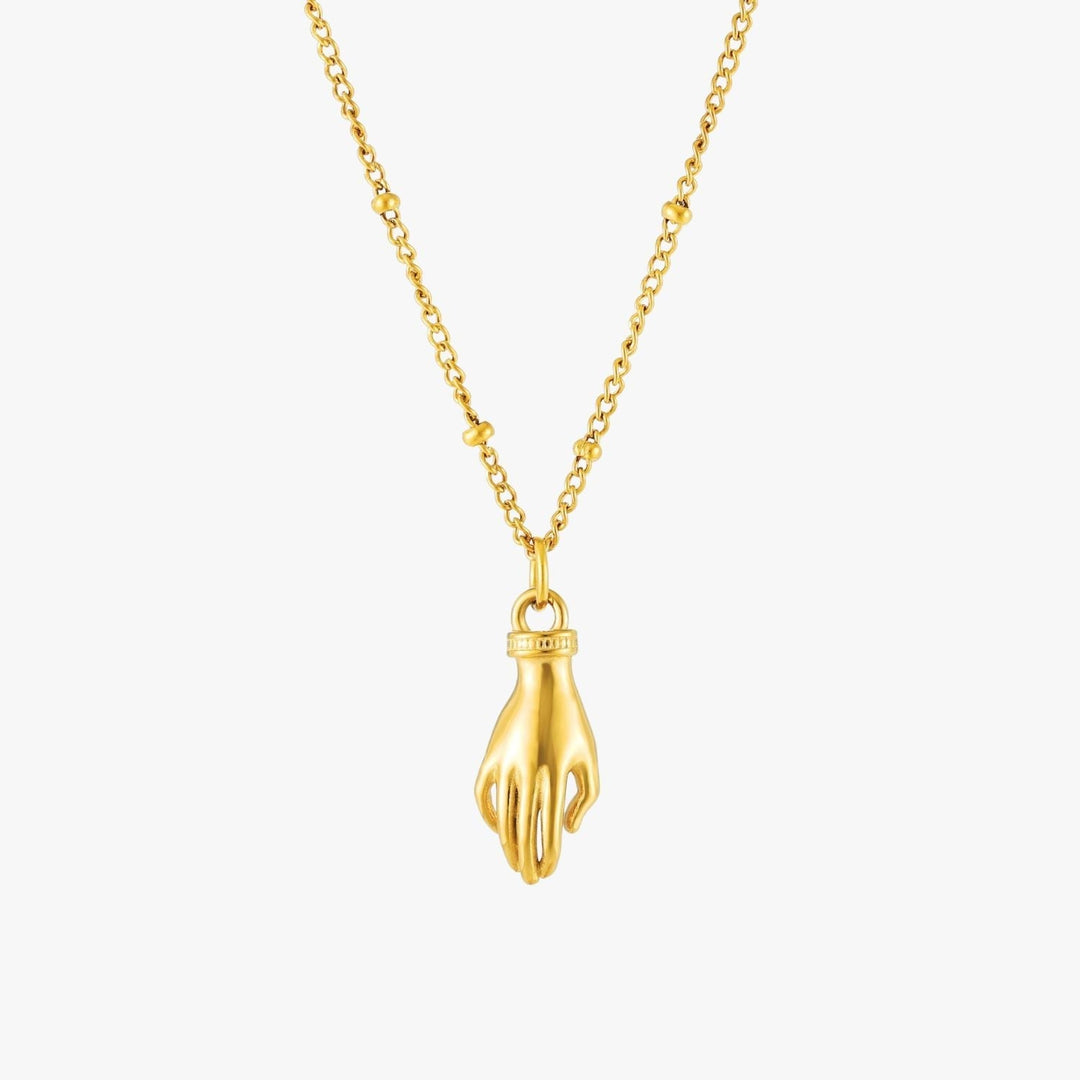 Elegante Damenhalskette goldfarben mit Schutz Hand Anhänger & leuchtendem grünem Zirkon. Vielseitiges Accessoire.