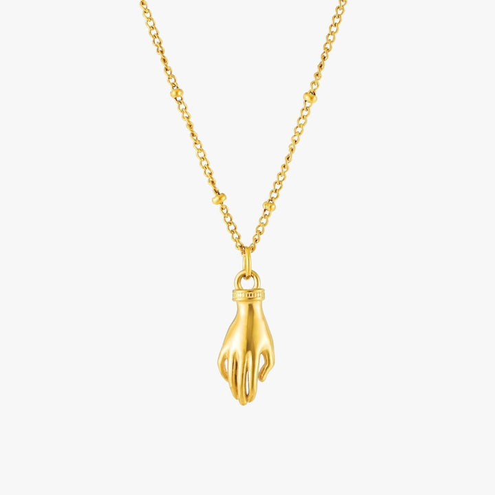 Elegante Damenhalskette goldfarben mit Schutz Hand Anhänger & leuchtendem grünem Zirkon. Vielseitiges Accessoire.