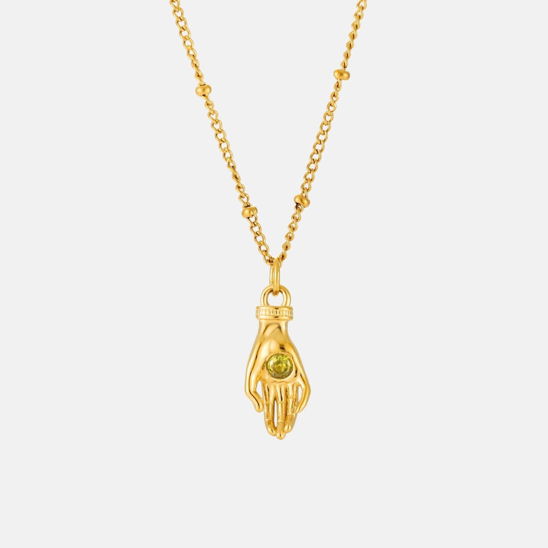 Symbolische Goldkette für Damen: Schutz Hand Anhänger mit grünem Zirkon. Wasserdicht und hypoallergen.