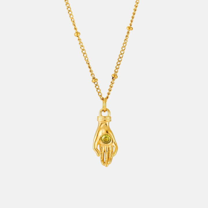 Symbolische Goldkette für Damen: Schutz Hand Anhänger mit grünem Zirkon. Wasserdicht und hypoallergen.