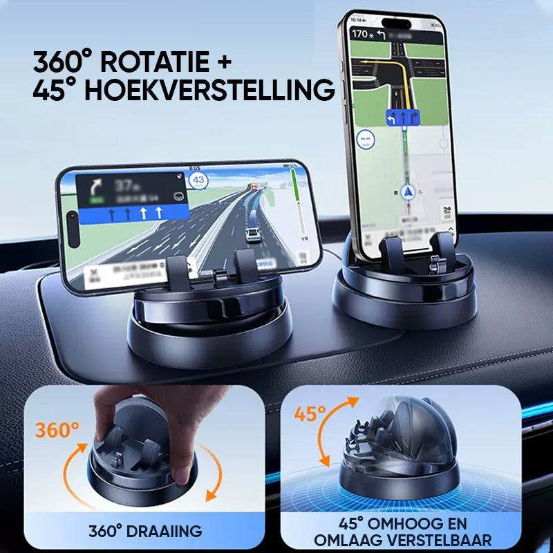 Detailaufnahme der 360° drehbaren, rutschfesten Handyhalterung für Auto-Armaturenbretter.