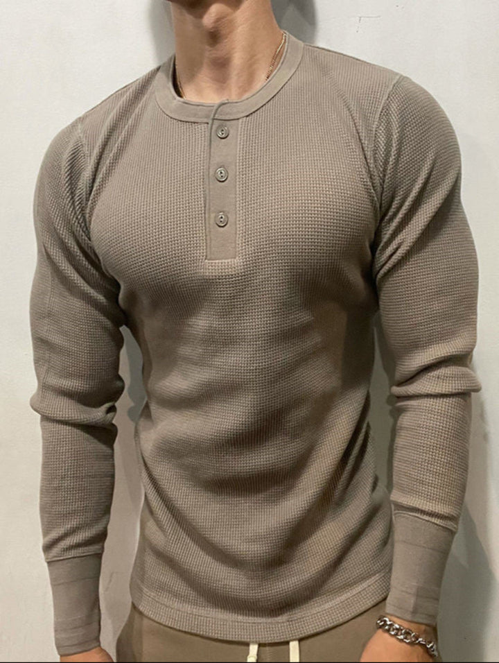 Basic Herren Henley-Shirt, Langarm, Waffelstruktur, ideal für casual Looks und Layering.