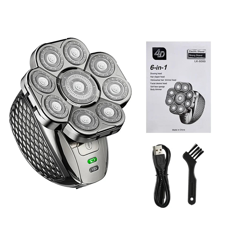 Herren 6-in-1 Elektrorasierer mit 9D-Schwebeköpfen für umfassende Gesichts- & Körperpflege.