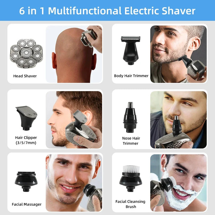 USB-aufladbarer Herren 6-in-1 Elektrorasierer mit 9D-Köpfen für flexible Nass- & Trockenrasur unterwegs.