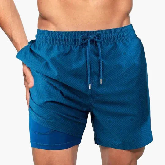 Hochwertige Herren Badeshorts, schnelltrocknend, tropisch, mit integrierter Kompressionsshorts für maximalen Komfort.