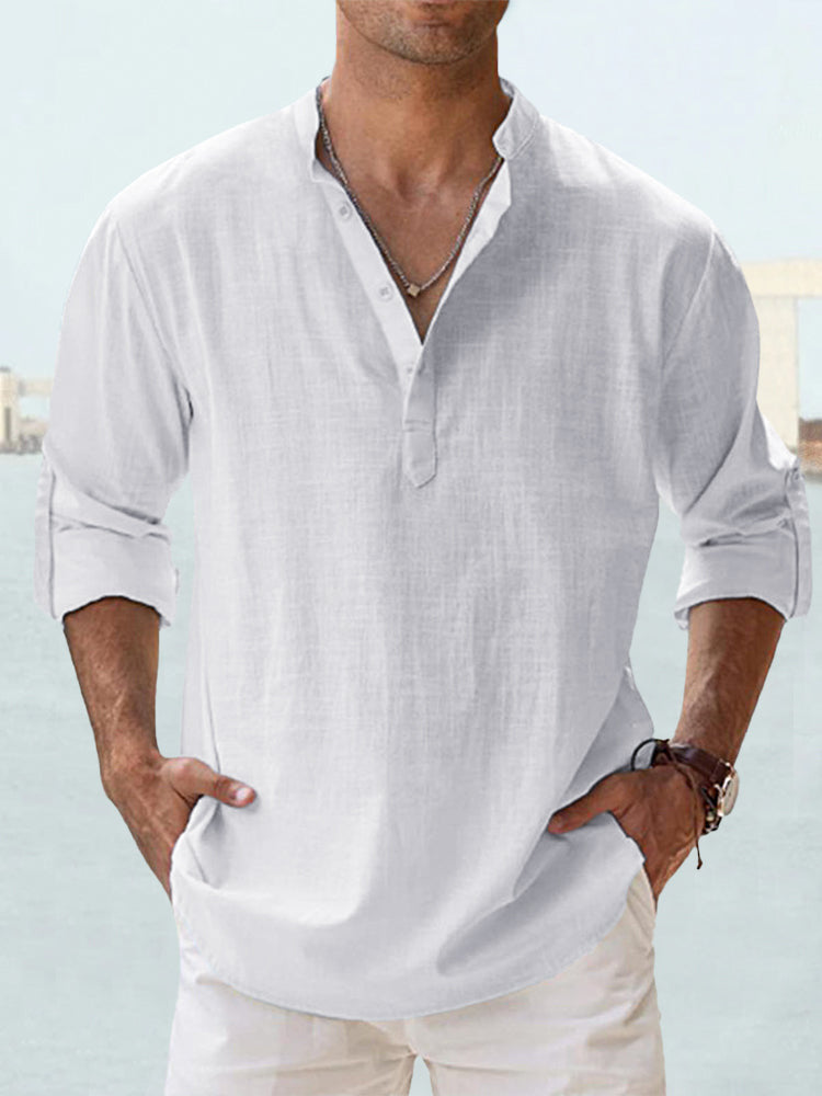 Hochwertiges Herren Henley-Hemd mit Stehkragen. Langarm, lässig, bequem für Freizeit & Urlaub.