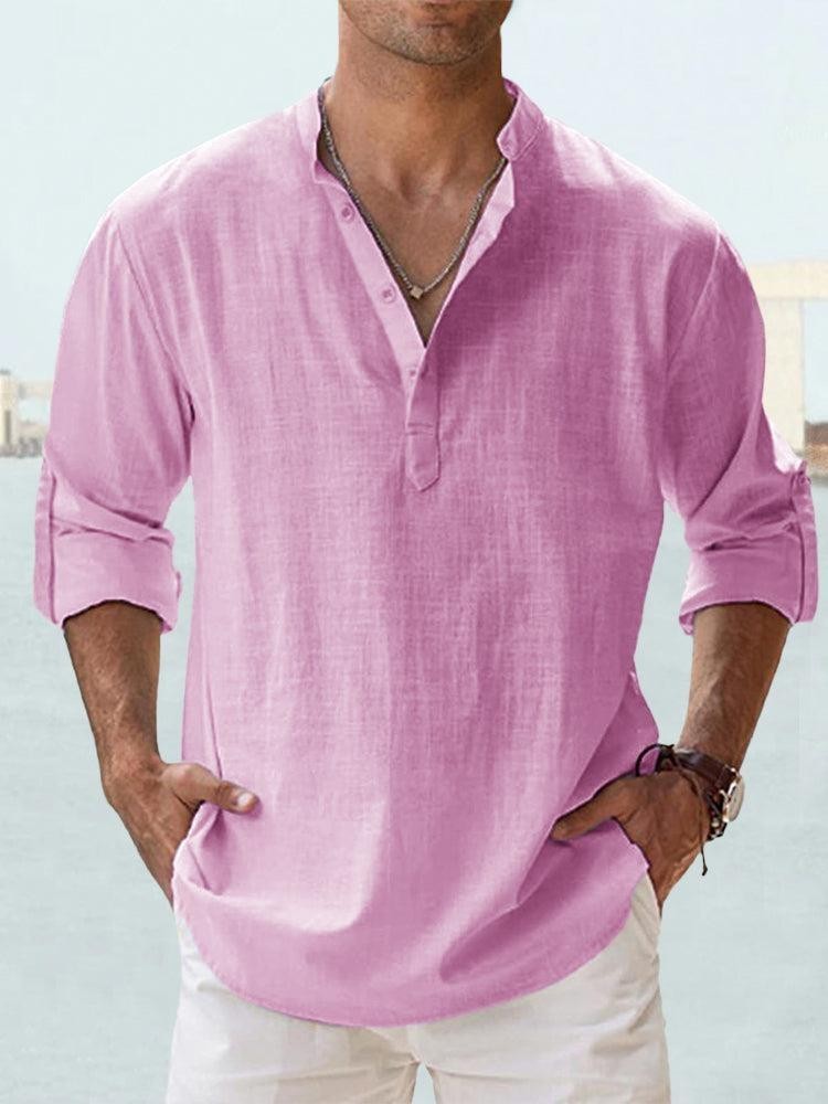 Herren Freizeit-Hemd: Langarm Henley mit Stehkragen. Bequem, ideal für Urlaub & entspannten Sommerstil.