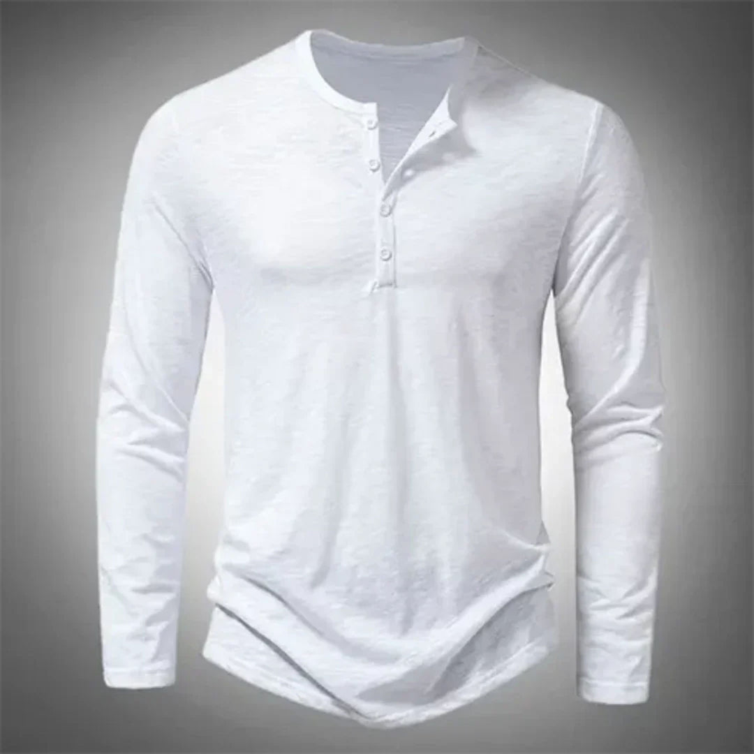 Faltbares Herren Henley Langarmshirt für vielseitige Herrenmode. Komfortables Basic-Shirt mit langen Ärmeln für jeden Tag.