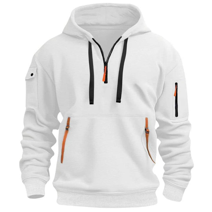 Moderner Herren Kapuzenpullover für entspannte Alltags- und Freizeitlooks. Bequemer Hoodie mit Reißverschlusstaschen.