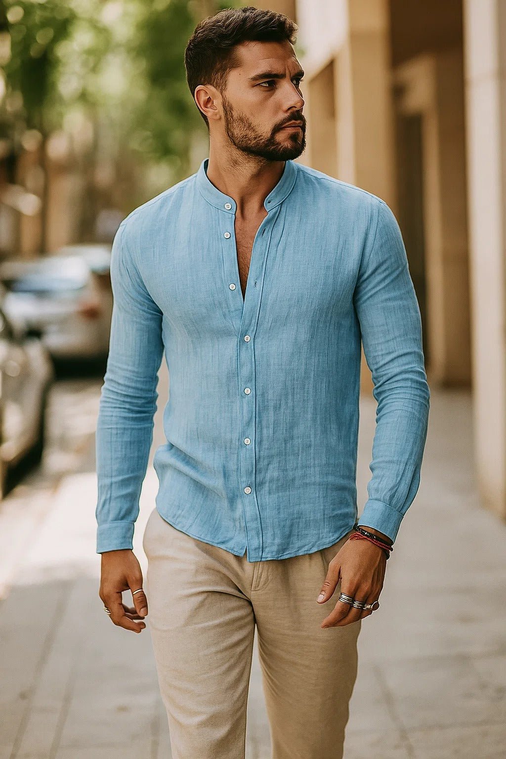 Vielseitiges Herren Leinen Langarmhemd mit Grandad-Kragen. Ideal als elegantes Sommerhemd oder bequemes Freizeithemd.