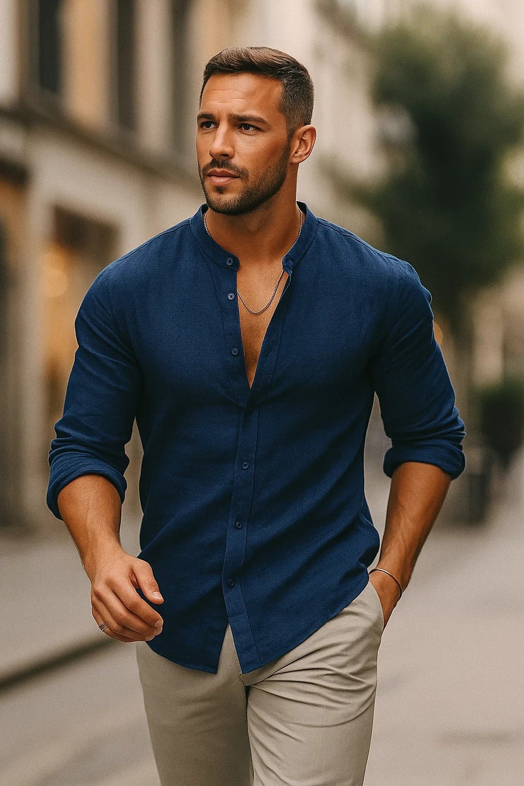 Modernes Herren Langarmhemd, Grandad-Kragen, Leinen. Lockeres, elegantes Sommerhemd für stilbewusste Männer.
