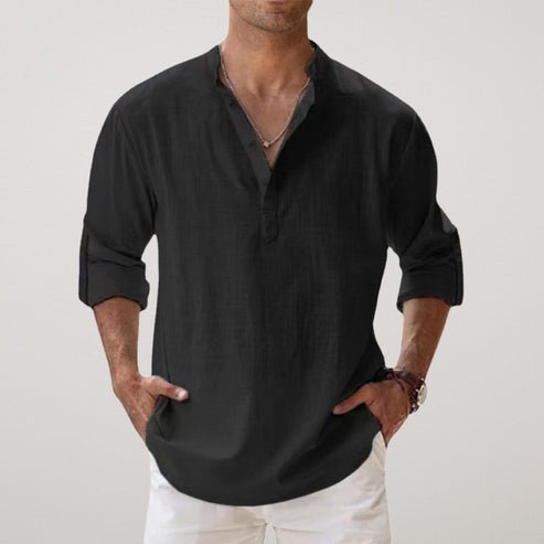 Schwarzes Herren Langarmhemd aus Leinen. Entspannte Passform, atmungsaktiv & stylish für Sommer, Urlaub und legere Anlässe.