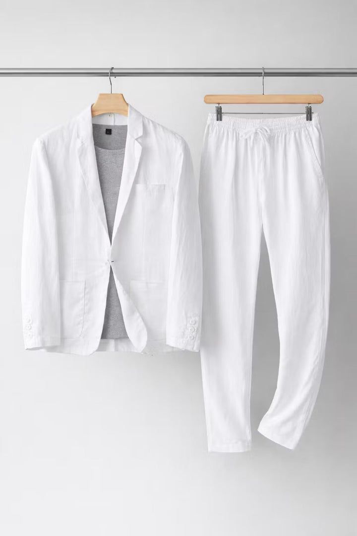 Stylischer Herren Leinenanzug, Sakko & Hose, relaxte Passform, Sommer Smart Casual Zweiteiler.