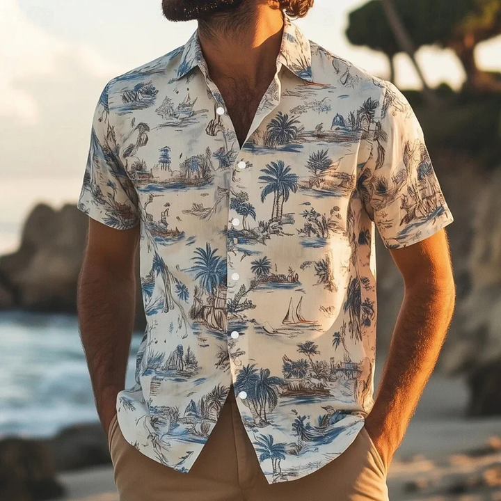Herren Freizeithemd mit Palmenmuster, atmungsaktiv & lässig, perfekt für den Sommerurlaub.