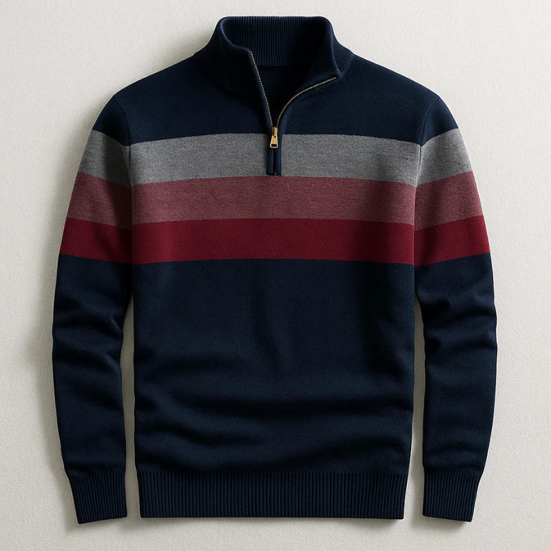 Herren Streifenpullover mit Viertelreißverschluss: Zeitloser, eleganter Pullover für anspruchsvolle Männer. Business Casual.