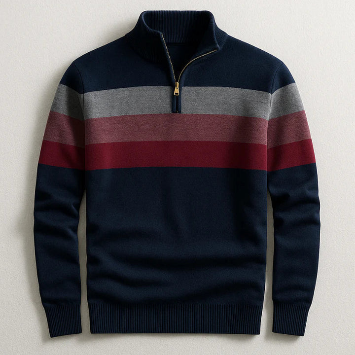 Herren Streifenpullover mit Viertelreißverschluss: Zeitloser, eleganter Pullover für anspruchsvolle Männer. Business Casual.