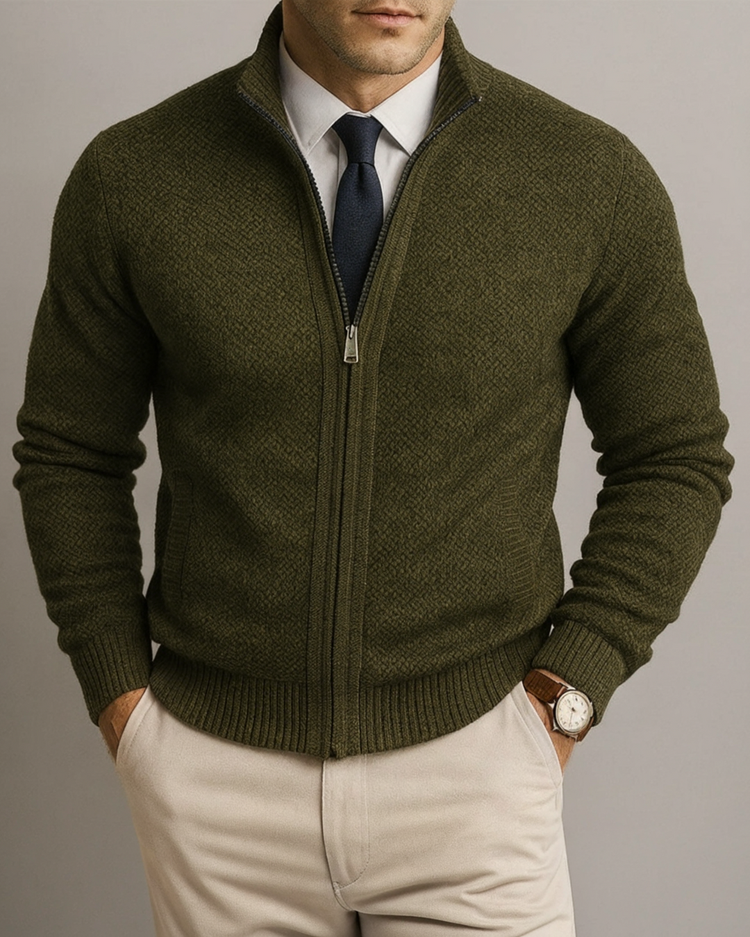 Mann in stilvoller Strickjacke kombiniert. Eleganter Herren Cardigan, vielseitig für Business- & Freizeit-Outfits.