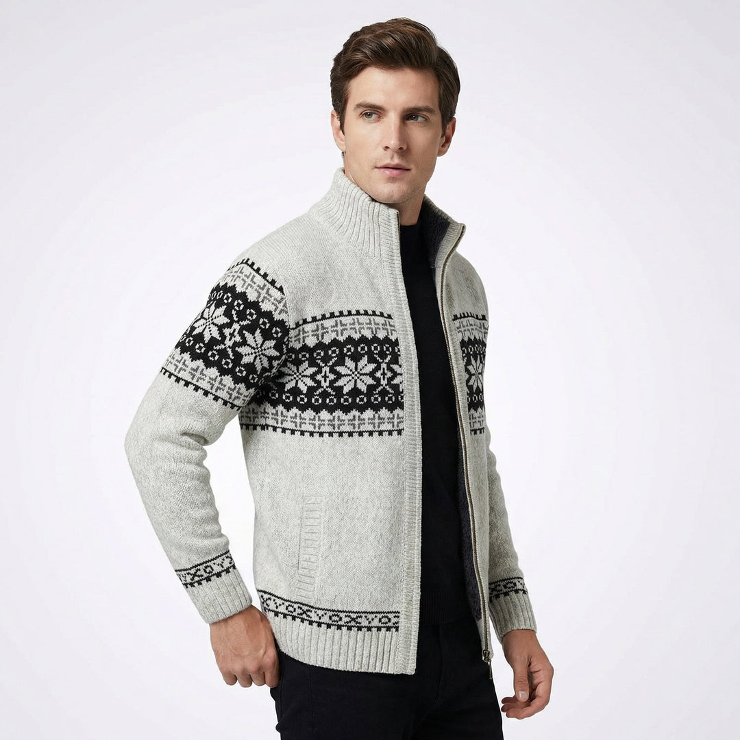 Elegante Herren Strickjacke, nordisch inspiriert, mit Reißverschluss. Stilvolle Strickmode für Männer, ideal für den Winter.