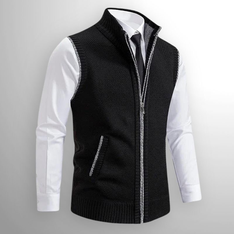 Herren Strickweste mit Reißverschluss und Stehkragen in Grau. Ideal für elegantes Layering im Business- oder Casual-Look.