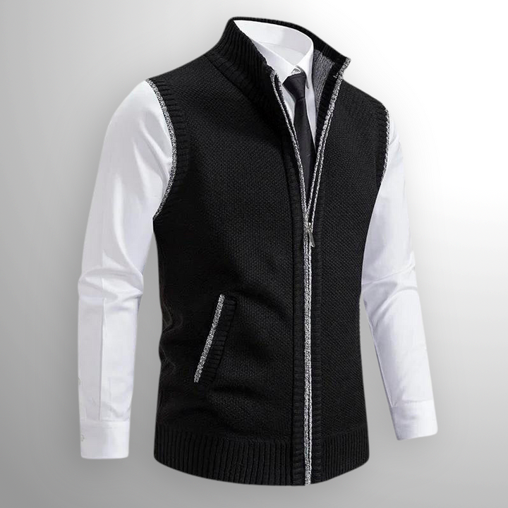 Herren Strickweste mit Reißverschluss und Stehkragen in Grau. Ideal für elegantes Layering im Business- oder Casual-Look.