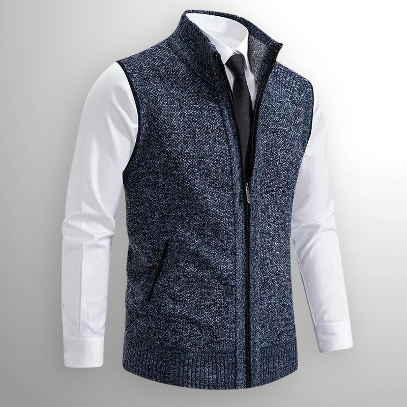 Graue Herren Strickweste mit Reißverschluss, Stehkragen. Ideal für elegante Schichtlooks im Büro oder in der Freizeit.