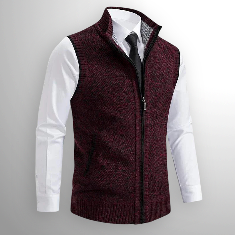 Vielseitige Herren-Strickweste mit Reißverschluss. Ärmellos, Stehkragen. Perfekte Ergänzung für elegante Winteroutfits.