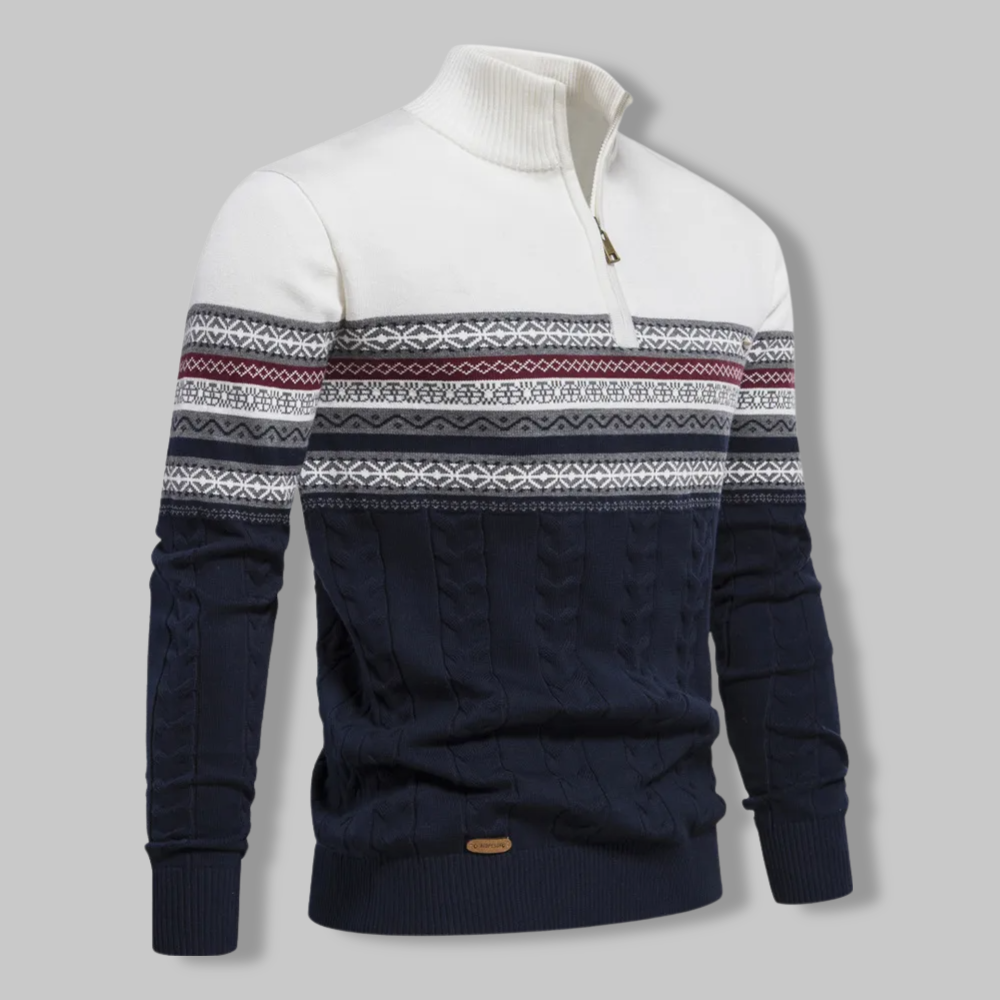 Detailaufnahme: Gestreifter Herren Zip-Pullover mit Reißverschluss, weiches Material, hochwertige Herrenbekleidung.