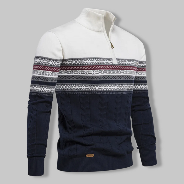 Detailaufnahme: Gestreifter Herren Zip-Pullover mit Reißverschluss, weiches Material, hochwertige Herrenbekleidung.