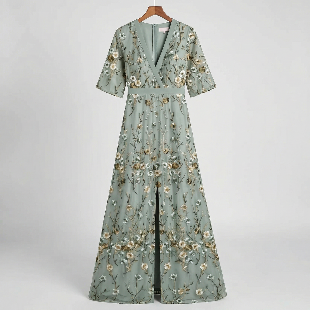 Elegantes Damen Midi Blumenkleid mit tailliertem Schnitt und kurzem Arm, ideal für Frühling und Sommer.