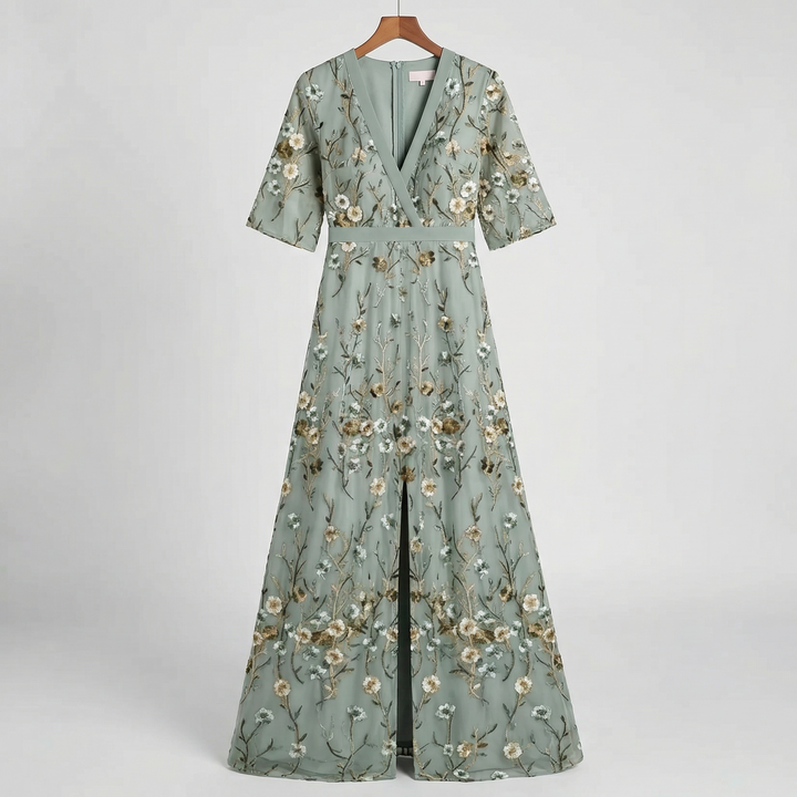 Elegantes Damen Midi Blumenkleid mit tailliertem Schnitt und kurzem Arm, ideal für Frühling und Sommer.