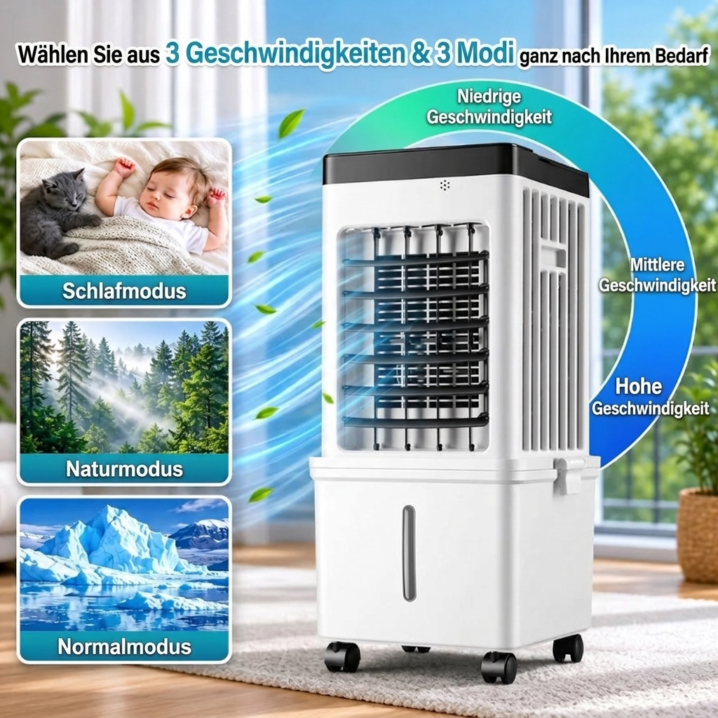 Kompakter Luftkühler, ideal für den Sommer. Liefert kühle, frische Luft und angenehmes Raumklima.