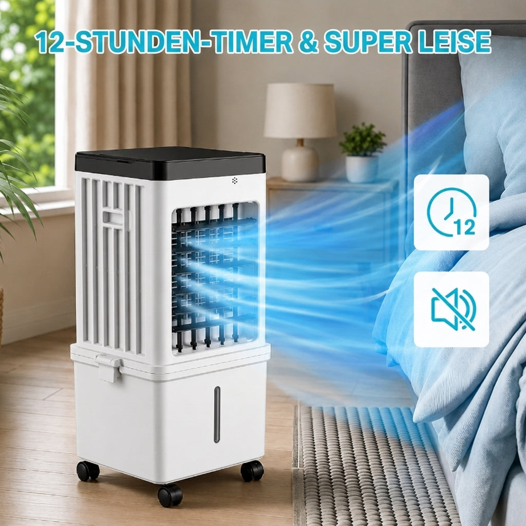 Mobiles Klimagerät mit Wassertank und Eisakkus, bereit für sofortige Kühlung und Befeuchtung der Raumluft.