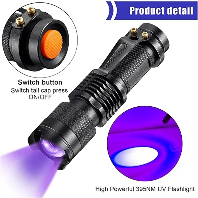 SK68 Schwarzlicht UV-Lampe erkennt unsichtbaren Haustierurin auf Teppich für gründliche Reinigung.