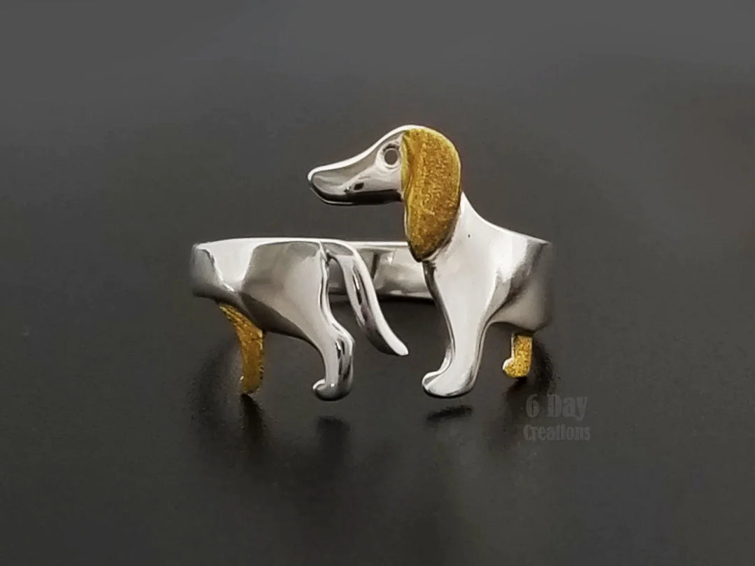Damen Dackel Ring aus 925er Silber, verstellbar, für Hundeliebhaberinnen.
