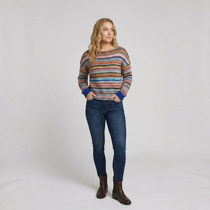 Langarm Damen Strickpullover mit auffälligem Gelb-Blau-Weiß-Streifenmuster, lässig und bequem geschnitten.
