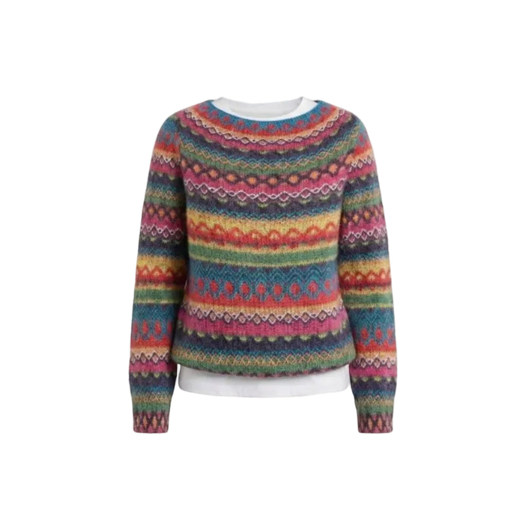 Detailansicht des weichen, gestreiften Damen Strickpullovers. Bequemer Alltags-Look in Gelb, Blau, Weiß.