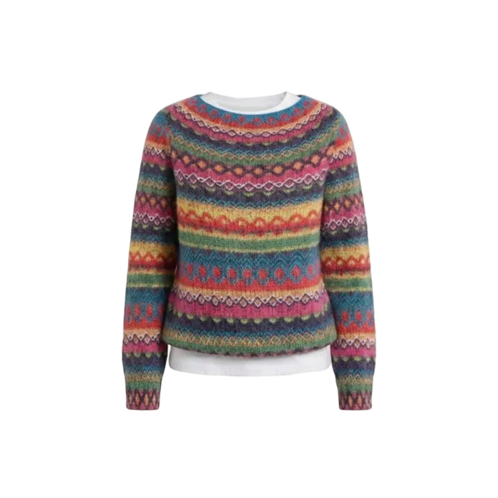 Detailansicht des weichen, gestreiften Damen Strickpullovers. Bequemer Alltags-Look in Gelb, Blau, Weiß.