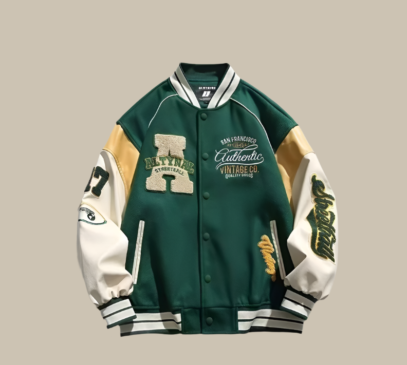 Modische Vintage Baseballjacke für Herren, oversized geschnitten, mit klassischen Druckknöpfen.