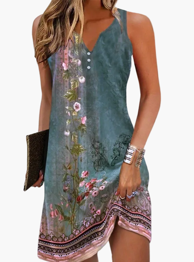 Edles ärmelloses Partykleid für Damen mit auffälligem abstraktem Muster, ideal für sommerliche Events.