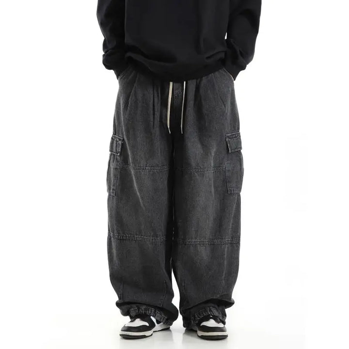 Herren Baggy Cargo Jeans mit Elastikbund, lässige Streetwear Denim Hose für den Alltag.