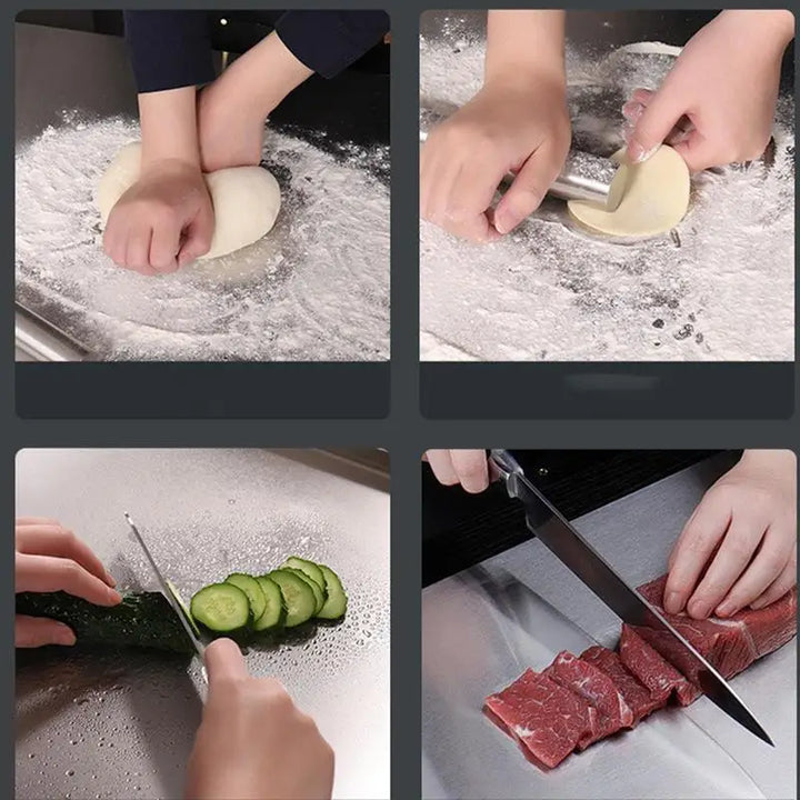 Spülmaschinengeeignetes Edelstahl Schneidebrett, pflegeleicht und modern, perfektes Kochzubehör.