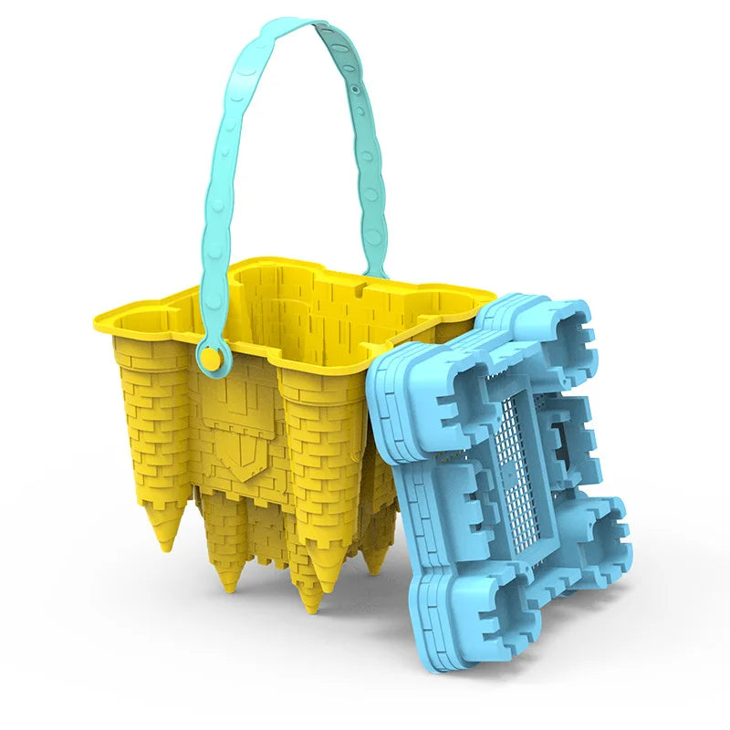 Farbenfrohes Kinder Sandspielset 'BeachMaster' mit Eimer, Schaufel und Formen für kreative Sandburgen am Strand.