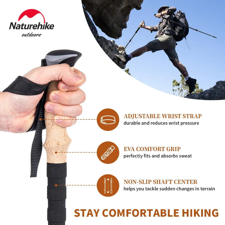 Ergonomische Carbon Wanderstöcke mit verstellbaren Griffen für sicheren Halt und Komfort beim Outdoor-Wandern.