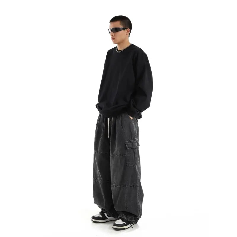 Modische Männer Baggy Denim Hose mit weitem Schnitt und elastischem Bund, vielseitige Casual Jeans.