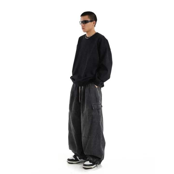 Modische Männer Baggy Denim Hose mit weitem Schnitt und elastischem Bund, vielseitige Casual Jeans.