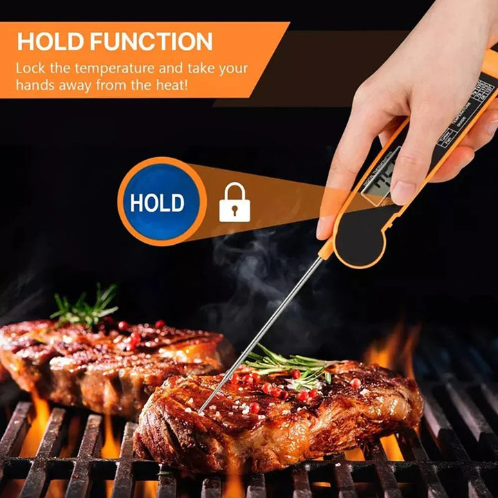 Robustes Grillthermometer mit klappbarer Sonde für sicheres & hygienisches Messen der Speisentemperatur.