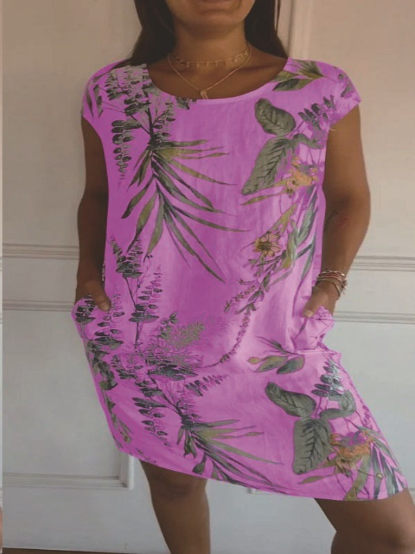 Stilvolles Freizeitkleid für Damen, botanisch gemustert, mit Rundhals, leichtem Stoff und Taschen.