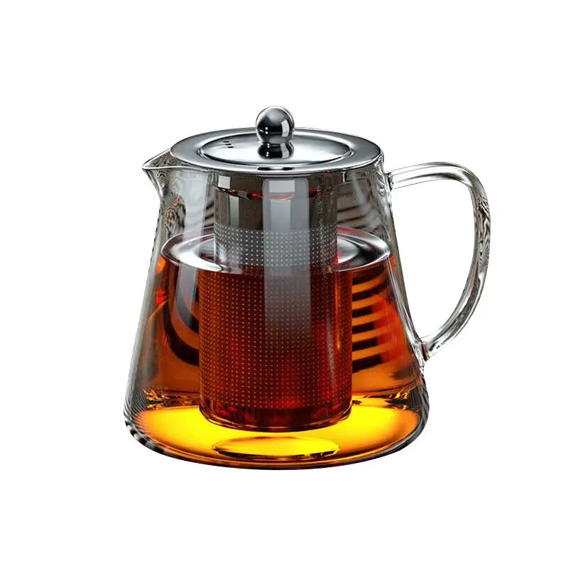 Moderne Glasteekanne mit Edelstahlfilter für tropffreien Teegenuss und aromatische Teezubereitung.